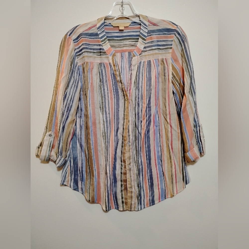 Striped Multicolor HOPE & HARLOW 3/4 Sleeves Button Down Shirt Light Fabric S